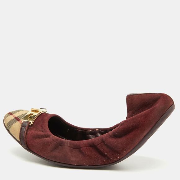 Burberry Burgundy Suede And Nova Check Canvas Drayton Twistlock Scrunch Ballet,New Products : American Fashion Style Bags On Sale
